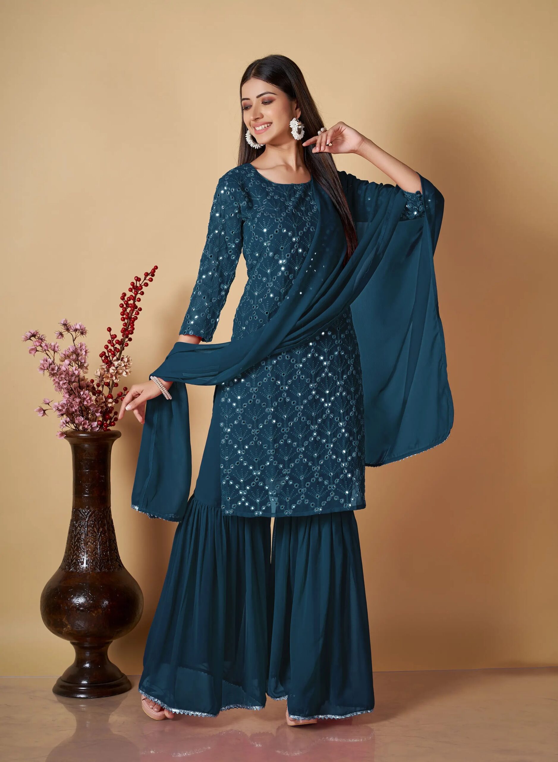 Embellished Kurta, Sharara & Dupatta Set - Image 3