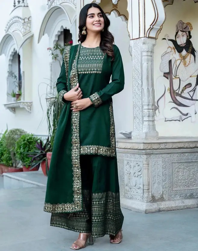Embellished Kurta, Sharara & Dupatta Set